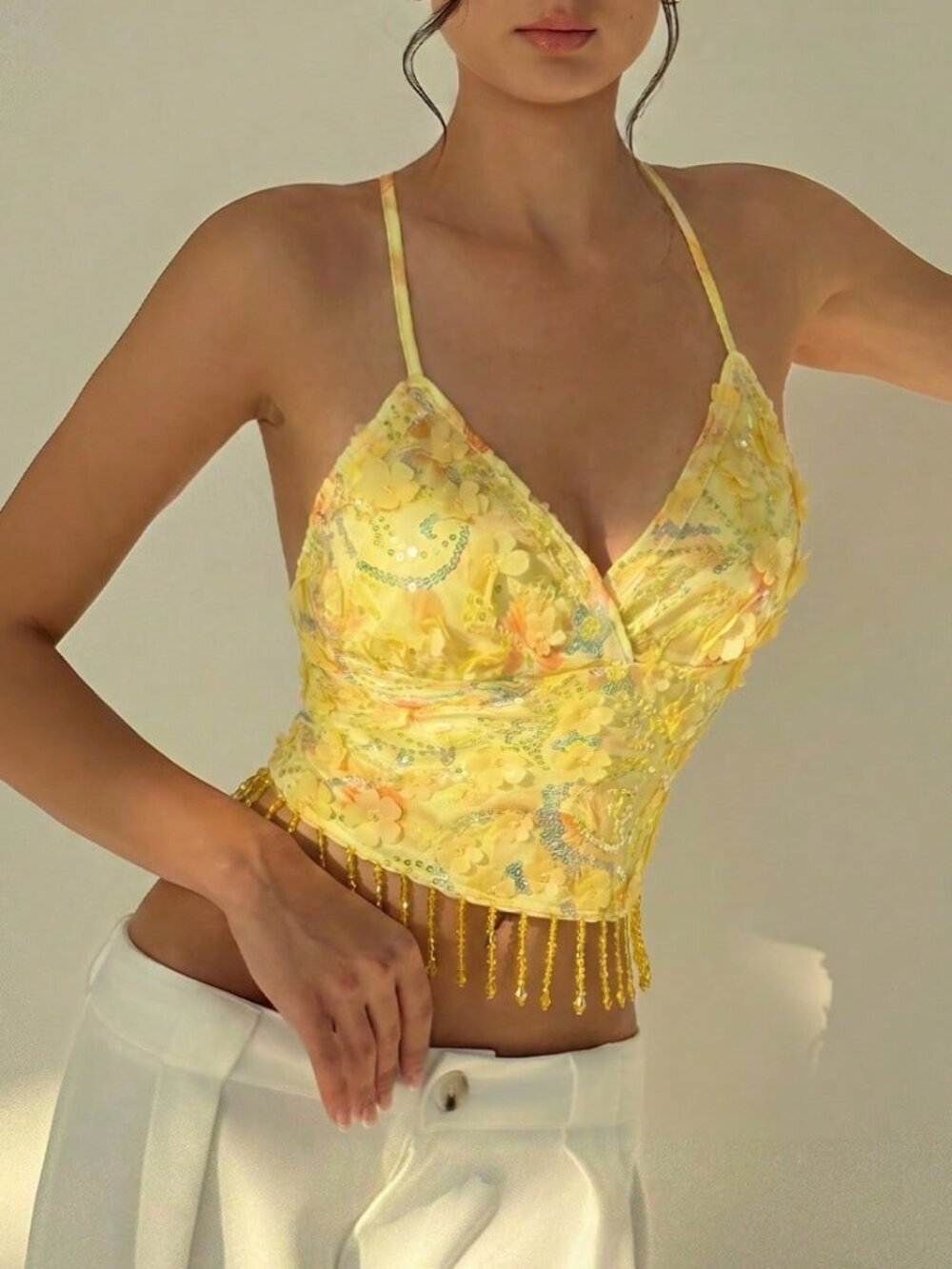 Yellow Boho Women's 3d Floral Decor Fringe Hem Camisole Top - Picture 6 of 7